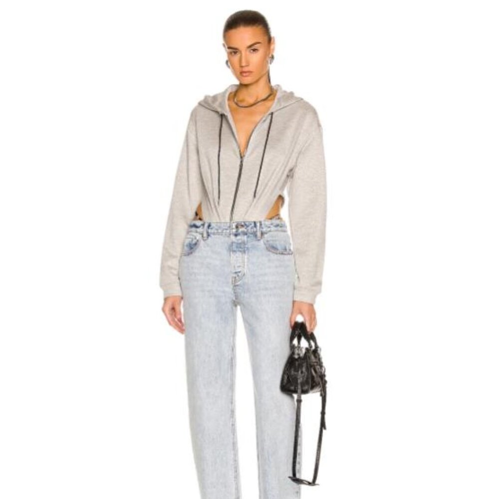 RTA  Maggie Hoodie-Style High Cut Zipped bodysuit Light Grey Sz: XS